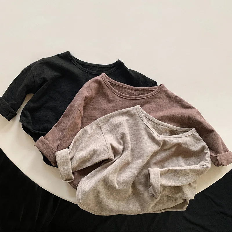 Spring Autumn Kids New Solid Long Sleeves Sweatshirt Boys Loose Cotton Top Clothes Baby Girl Boy Casual Soft Pullover T-Shirts