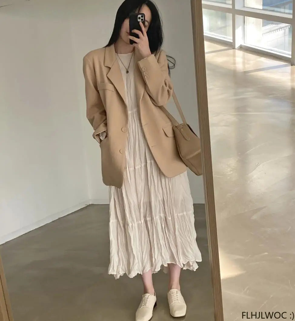 Autumn Spring Wrinkle Loose Dresses New Hot Women Cute Japan Style Retro Vintage Girls Holiday Casual Solid Apricot White Dress