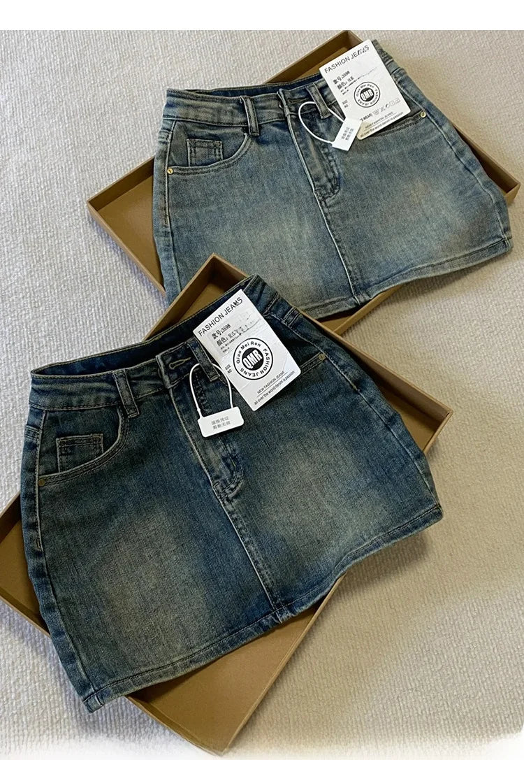 Hot Girl Denim  Skirt Summer plus Size Women's Pear Body Shape Slimming A-Line Short Skirt High Waist Non-Stretch Denim