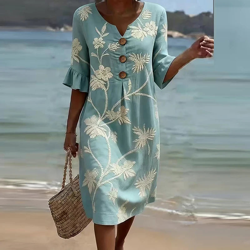 Summer Vintage Printed Dress Women Casual V Neck Half Sleeve Button Design Midi Dresses For Women Loose Beach Holiday Dress Boho