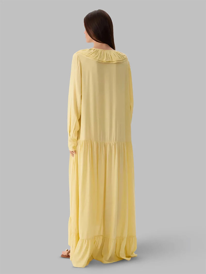 Parc Fee Fashion Loose Khaki Women's Dress Sexy V-Neck Long Sleeve Ankle Length Dresses Elegant Classic Ruffles Female Dress