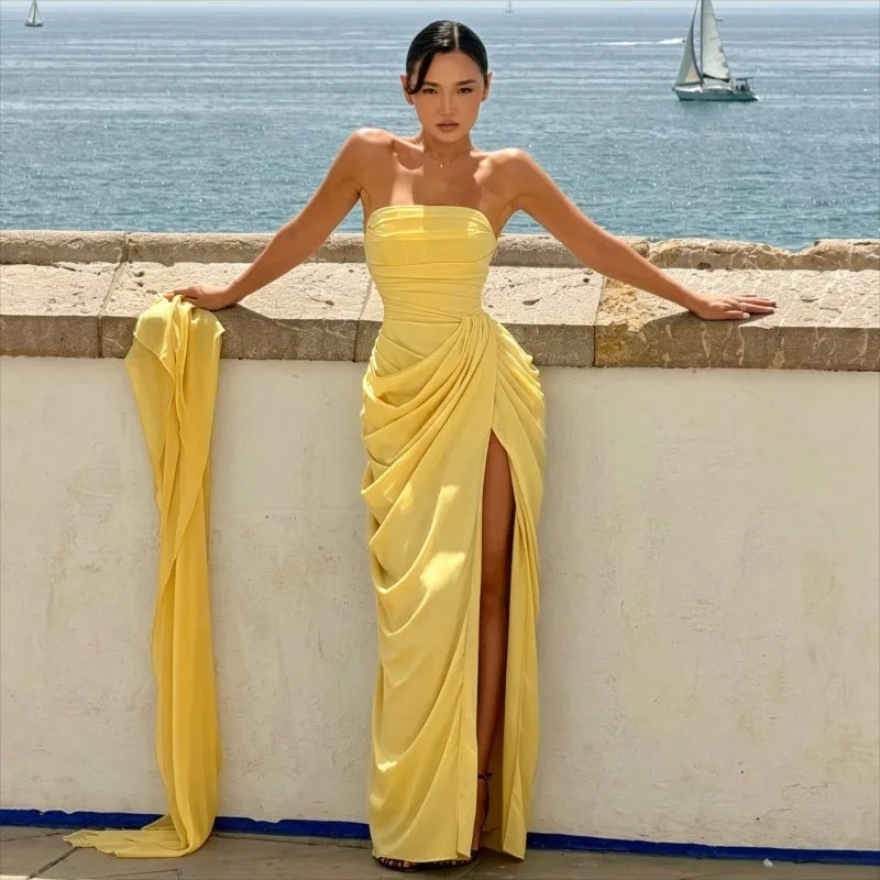 Elegant Strapless Ruched Maxi Dress Sexy Backless Lace Up Cinched Waist Slit Draped Bodycon Dresses Cocktail Party Evening Gown