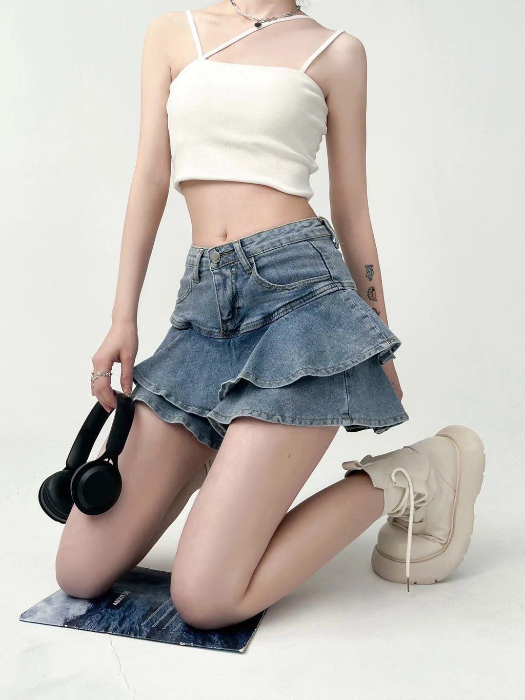 Summer Women High Waist Denim Cake Skirt A-Line Bodycon Mini Skort Casual E-Girl Street Skirt