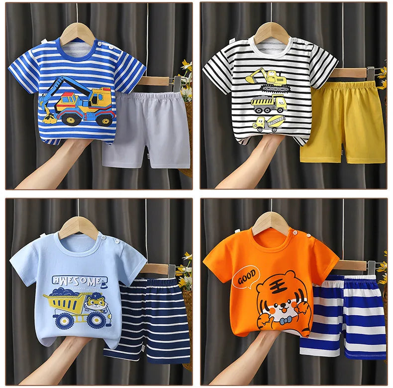 Unisex Children's Cotton Summer Outfit Set - Cartoon Animal Print