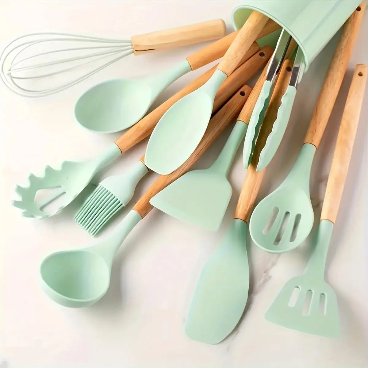 12-Piece Silicone Kitchen Utensil Set with Wooden Handles and Holder