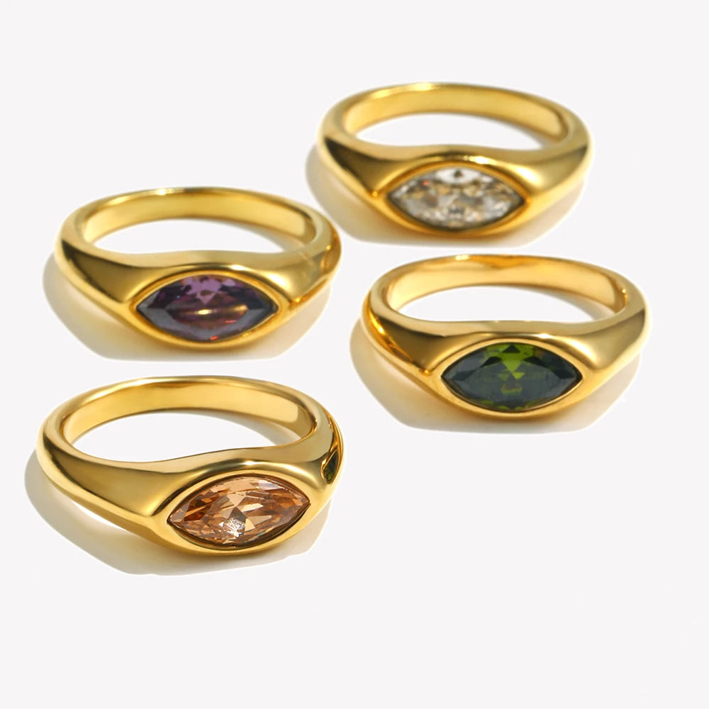 E.B.Belle Horse Eye Zircon Seal Ring 316L Stainless Steel Hypoallergenic 18K Gold Plated For Women