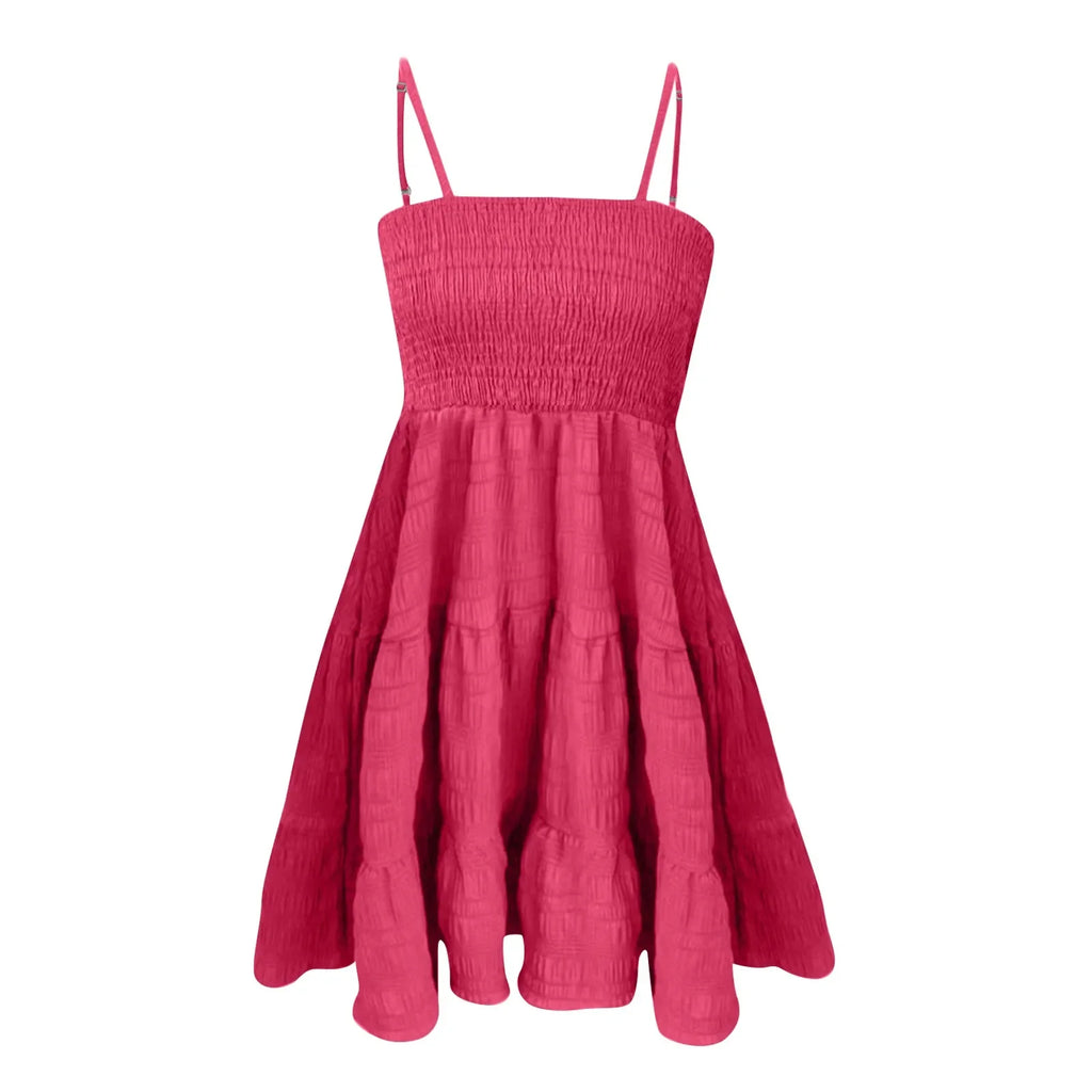 Bohemian Beach Sundress Women Sexy Sleeveless Backless Big Swing Mini Dress Solid Spaghetti Strap Ruffles Dress Summer Vestidos