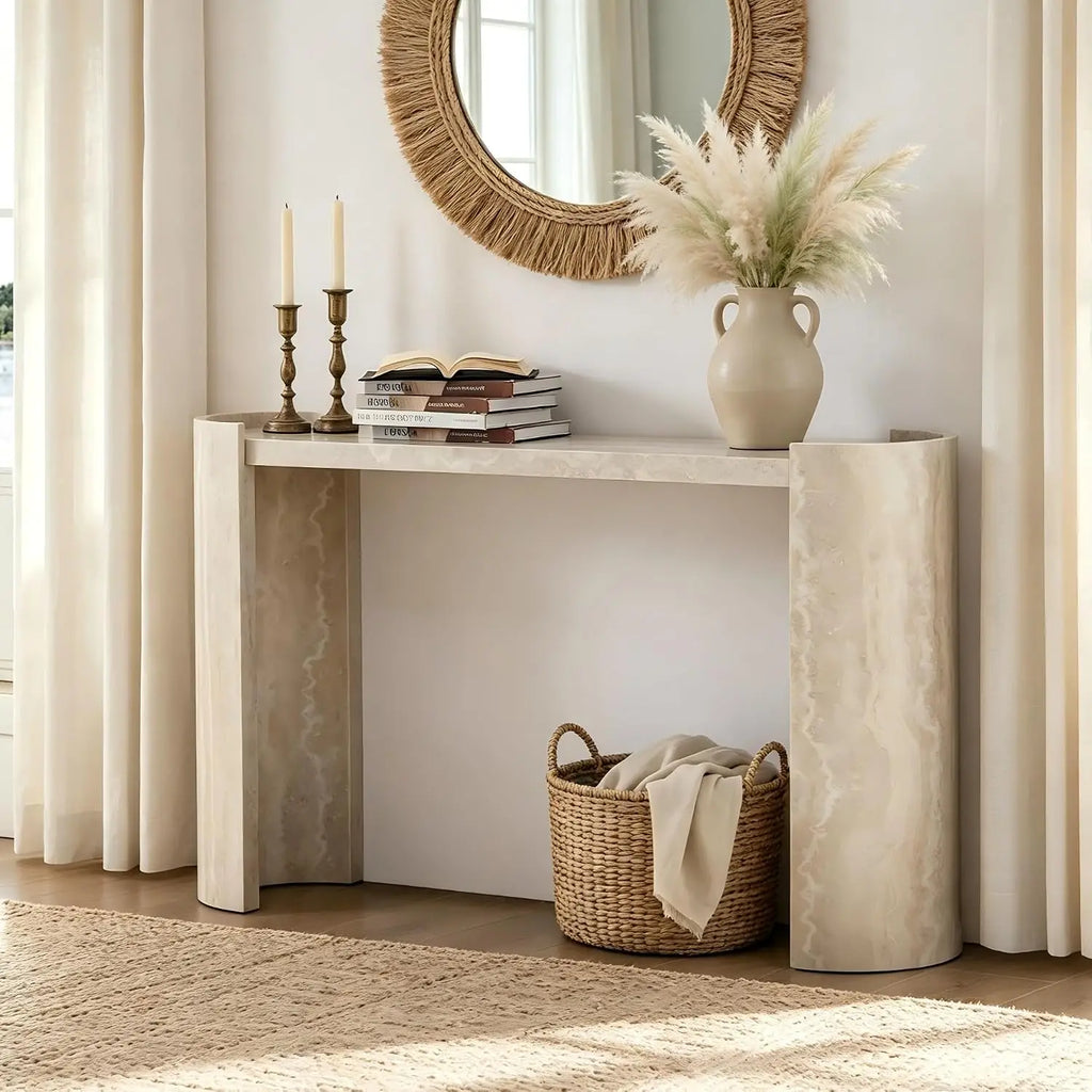 Modern Console Table Entryway Living Room Hallway Sofa Behind Wooden Faux Marble Pattern Beige W53.15", Customized