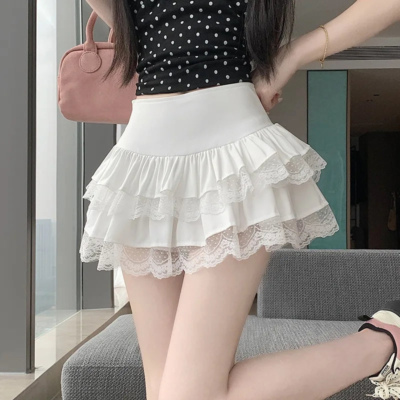 Pure Desire Lace A-Line Mini Skirt High Waist Puffy Sweet Style Short Cake Skirt Cotton Blend Fabric Summer Women's Dress