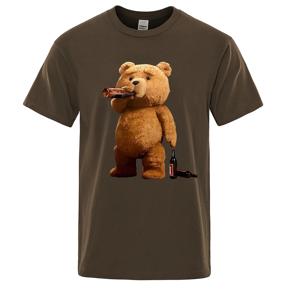 Lovely Ted Bear Drink Beer Poster Funny Printed T-Shirt Men Fashion Casual Short Sleeves Loose Oversize Tee Street Hip Hop Tops