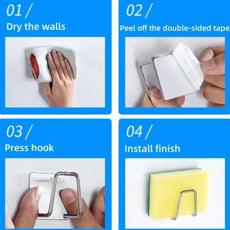 Soporte de esponjas de cocina, estante de acero inoxidable para fregadero, soportes adhesivos, escurridor, ganchos de pared, organizador de almacenamiento de accesorios