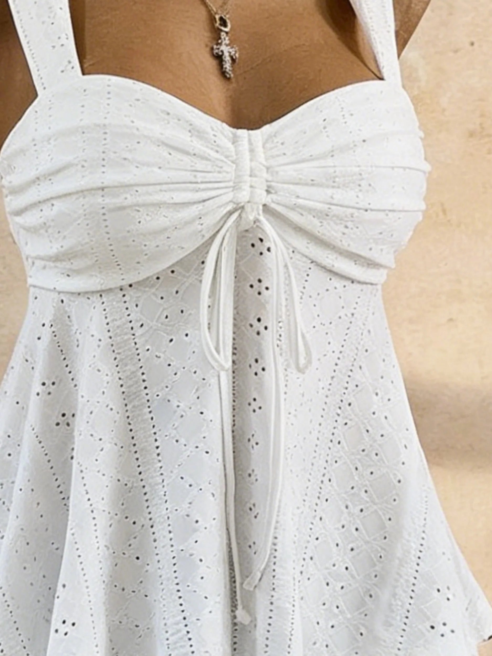 Women White Eyelet Lace Cami Top Casual Ruched Tie Front Peplum Sleeveless Camisole