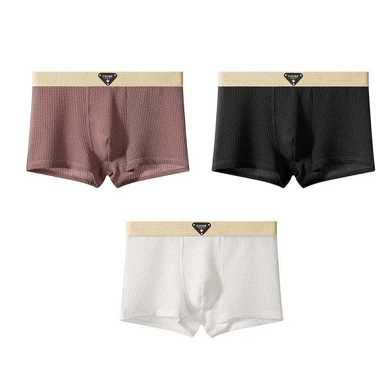 Summer Boxers Men'S Underwear Smooth Ice Silk Plaid Solid Panties Large Size Soft Breathable U Crotch High Elastic Underpants