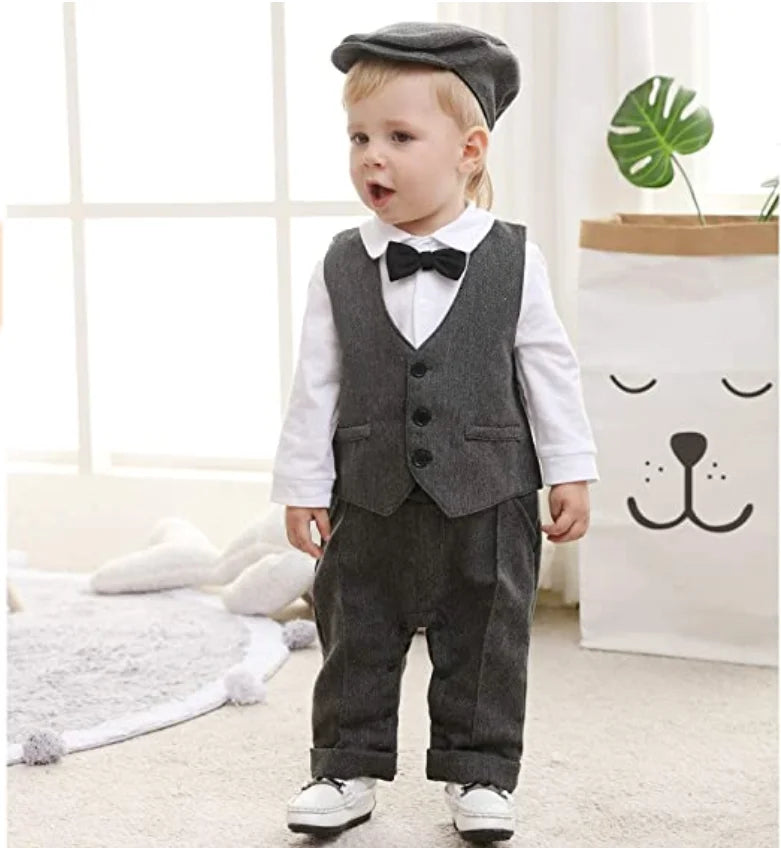 Newborn Baby Boy Formal Suit  Party Birthday Wedding Toddler Boys Outfit  Jumpsuit+Waistcoat+Beret+Bowtie+Suspender 0-3 Months