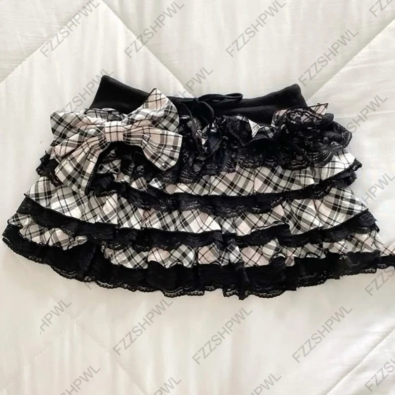 Summer women's Y2k slim-fit skirt Harajuku Streak pattern printed lace hem bow mini skirt EMO- Girl
