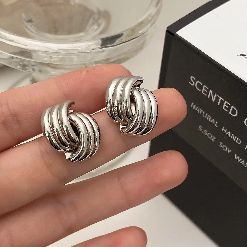 Fashion Glossy Three-Layer Textured Intersecting Knot Earrings For Women'S Gold Color Stainless Steel Earring Vintage Jewelry