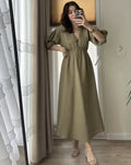 Dress Women Dresses A Line Puff Sleeve Vestidos V Neck Elastic Waist Elegant Mid Length Solid Y2k Streetwear Work Lace Up Summer
