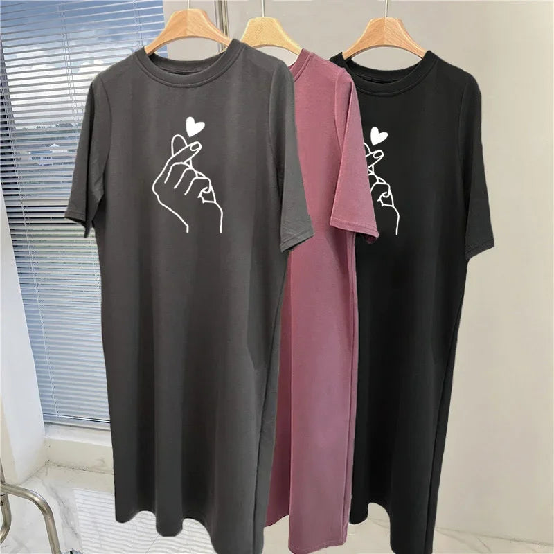 Spring and Summer Simple Temperament and Elegant Heart-print Large Size Loose Dress Casual Women Short-sleeved Going Out Dresses