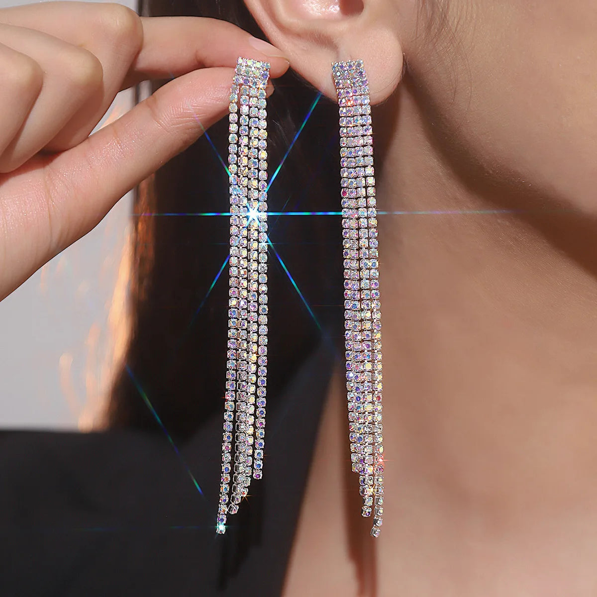 Treazy Shiny 4 Lines Rhinestone Crystal Tassel Long Earrings For Women'S Wedding Hanging Dangle Earrings Bridal Brincos