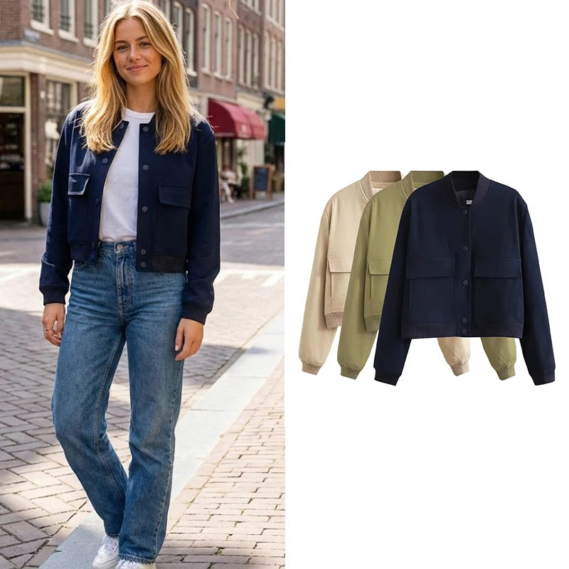 Women's Vintage V-Neck Bomber Jacket with Pockets