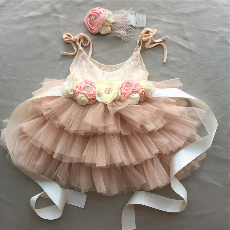 New Born Baby Girls Birthday Dress for Kids Flowers Girls Party Tutus Costume Belt Headband 3pcs Outfit Set Princess Vestidos