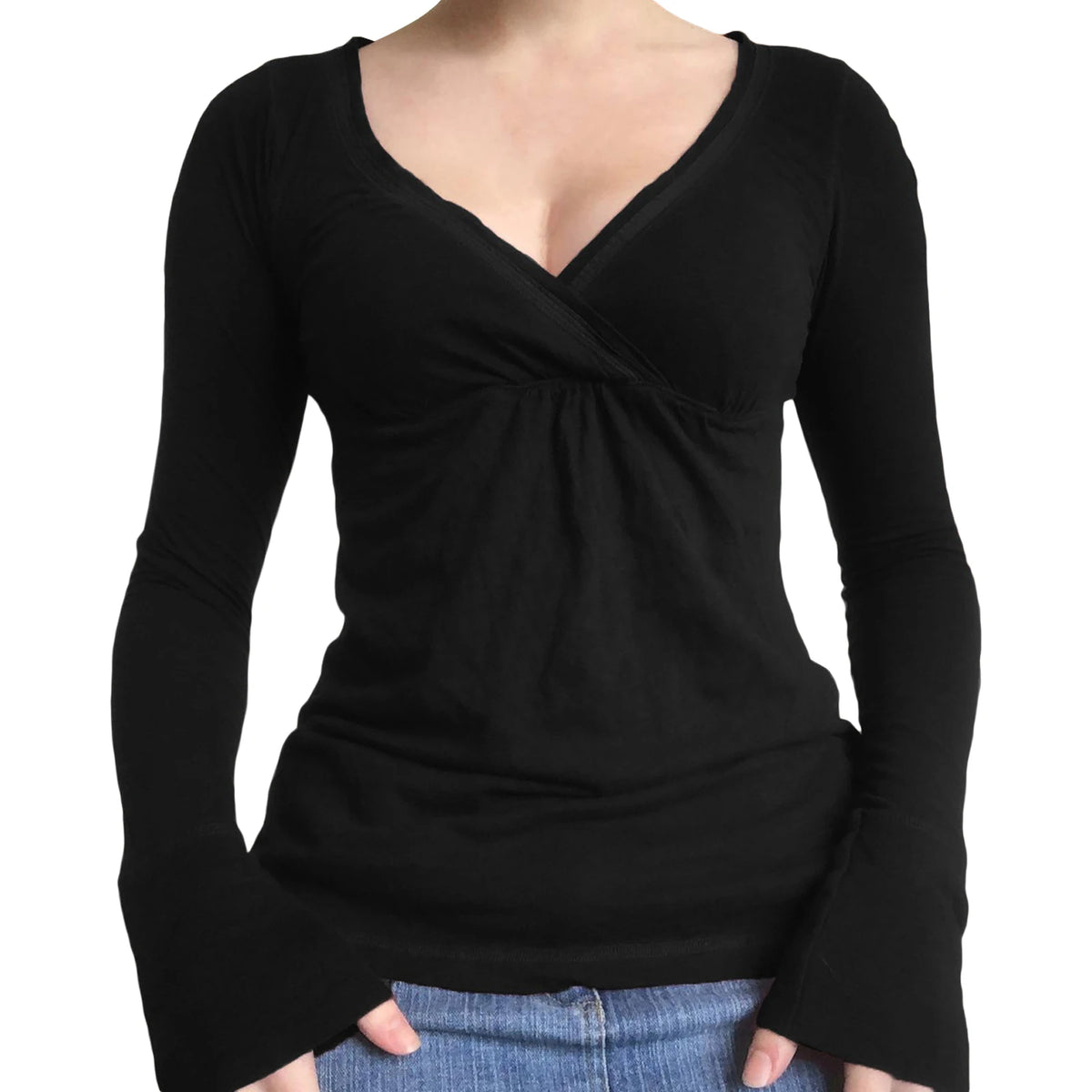Maemukilabe Women's V-Neck Long Sleeve T-Shirt - Vintage Y2k Style
