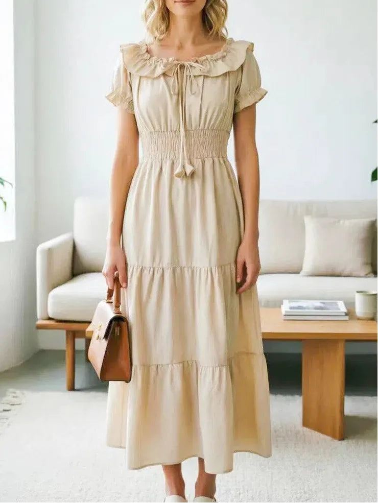 2026 Elegant Women's Off Shoulder Ruffle Sleeve Dress Fashion Solid Color Elastic Waist Tiered Maxi Dresses
