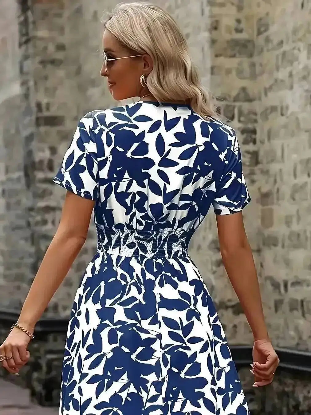 2026 European American New Spring Summer Short-Sleeved V Neck Leaf Floral Large Hem Skirt Waist Dress Dresses Tops 2KD7