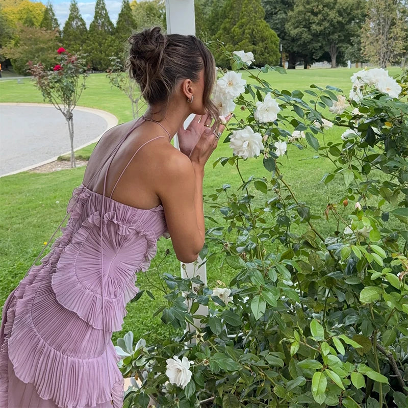 Elegant Purple Halter A Line Prom Dress With Chiffon Ruffles Tiered Backless Gown For Prom Night