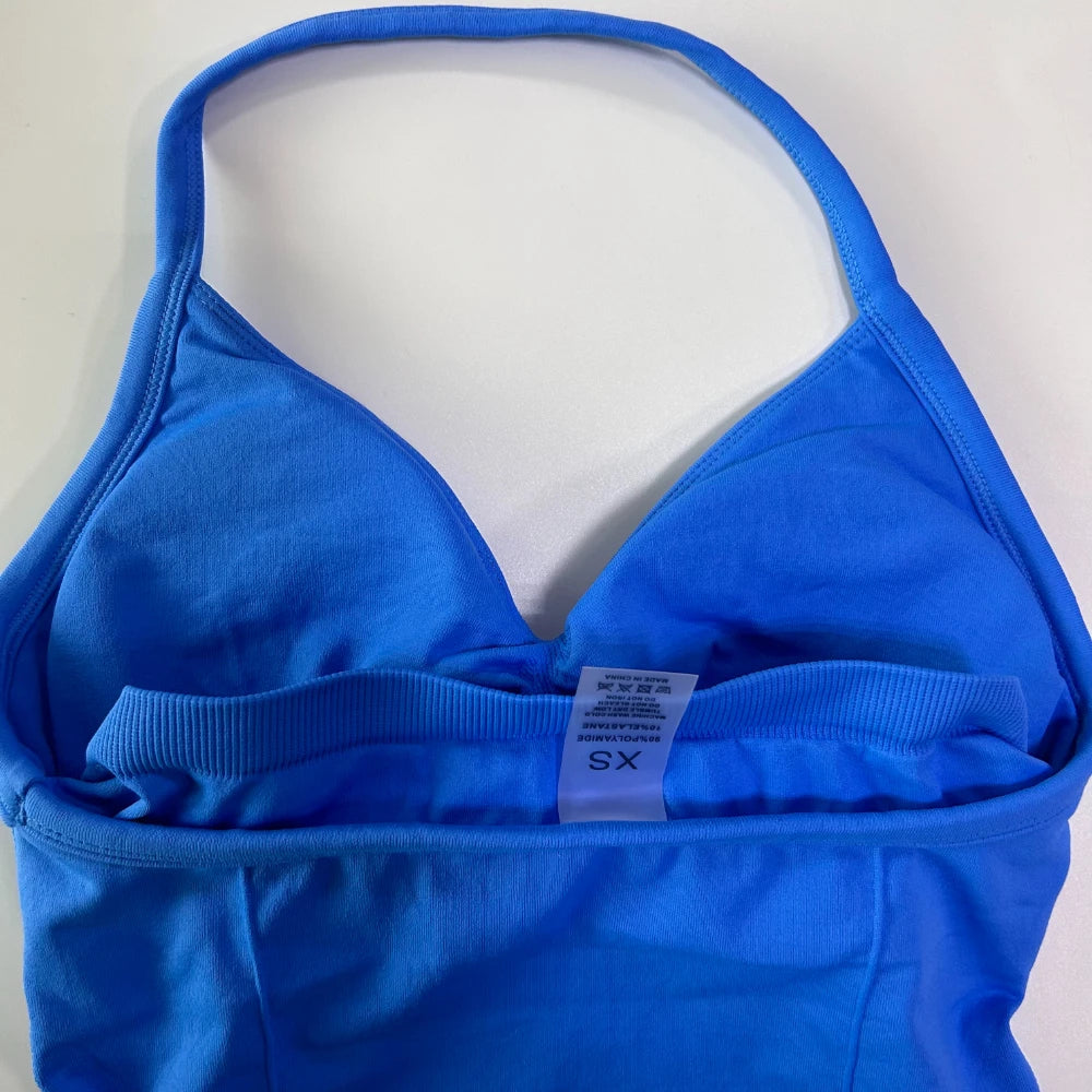 No Logo Longline Strappy Top Women Seamless Yoga Tank Tops Buit-in Bra Ruched Backless Gym Clothes Sleeveless Shirt Workout Top