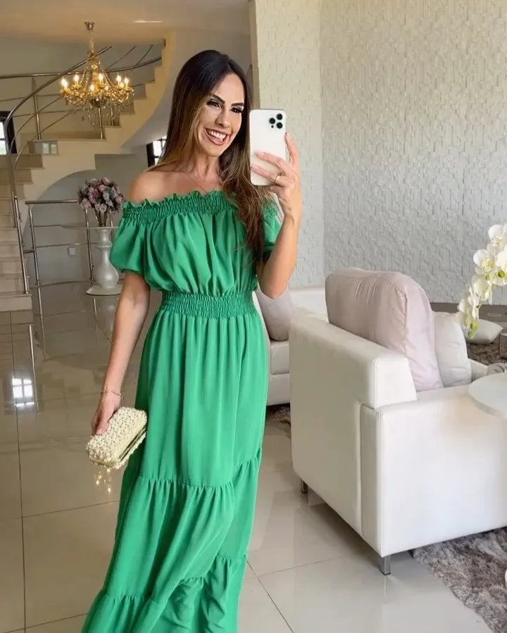 Summer Sexy Off Shoulder Slash Neck Ruffle Beach Party Dress Elegant Women Fashion Red Lace-up Pleated Holiday Long Dresses Robe