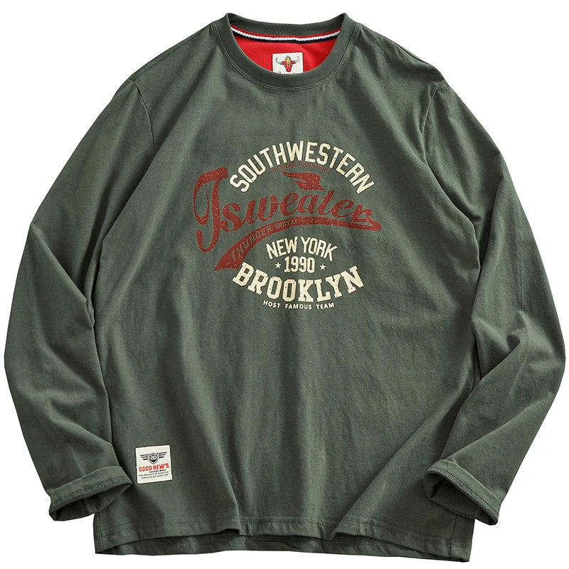 Autumn New American Retro Long-Sleeved O-Neck Letter Printed T-Shirt Men'S Fashion 100% Cotton Washed Casual Sport Tops