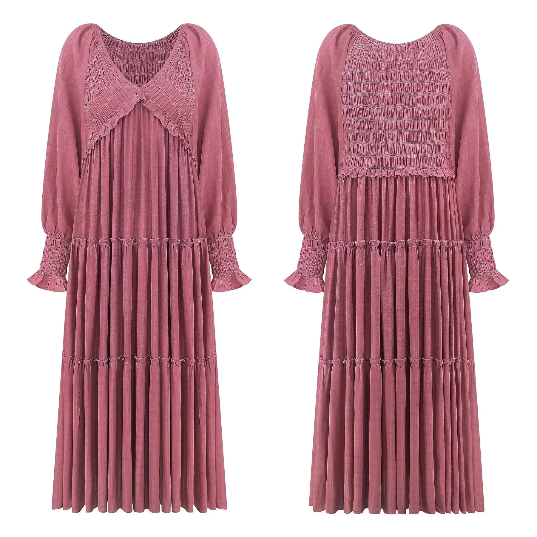 Long Dress Women Vintage V Neck Long Sleeve Dresses Loose Y2k High Waist Shirring Casual Summer Loose 2026 Elegant Slight Strech
