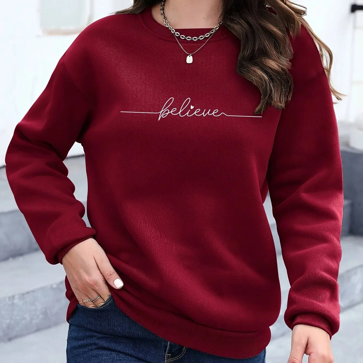 Women's Casual Heart Print Pullover Sweatshirt - Long Sleeve Knit