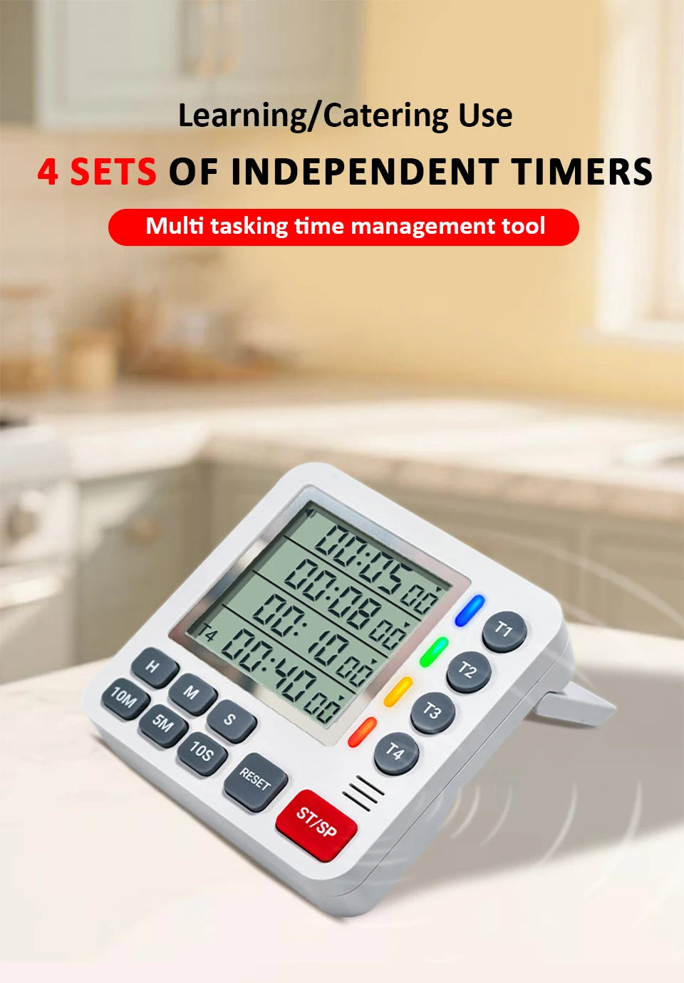 Magnetic Kitchen Timer 4 Channels Four Sets of Timing Large LCD Display Digital Cooking Countdown Timer Home Kitchen Accessories