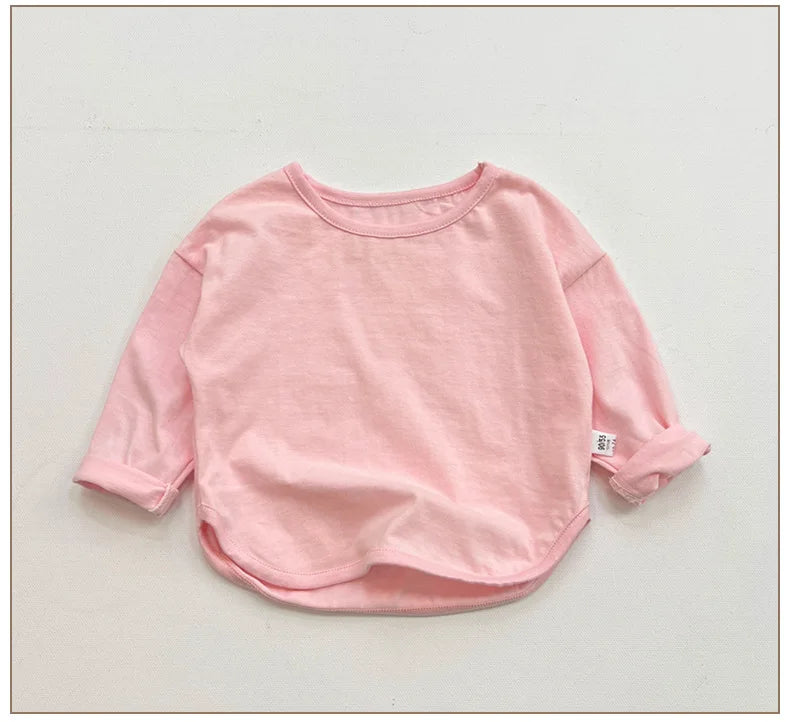 Children Simple Casual Long Sleeves T-shirt Kid Cotton Tops Unique Tees Autumn Spring Boy Girl Baby O-neck Solid Bottoming Shirt
