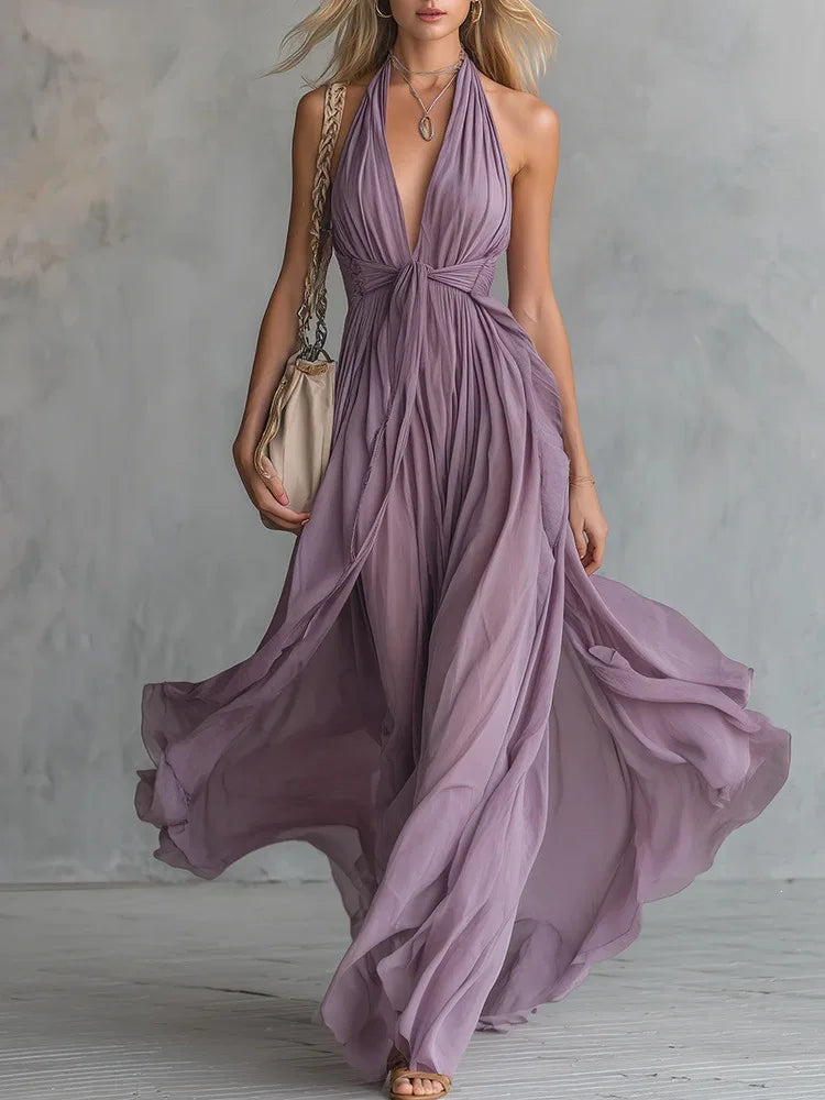 Elegant V-Neck Sleeveless Waist-Cinched Long Dress Summer New Style Pure Color Holiday Vibes Cross-Border Polyester Maxi Dress