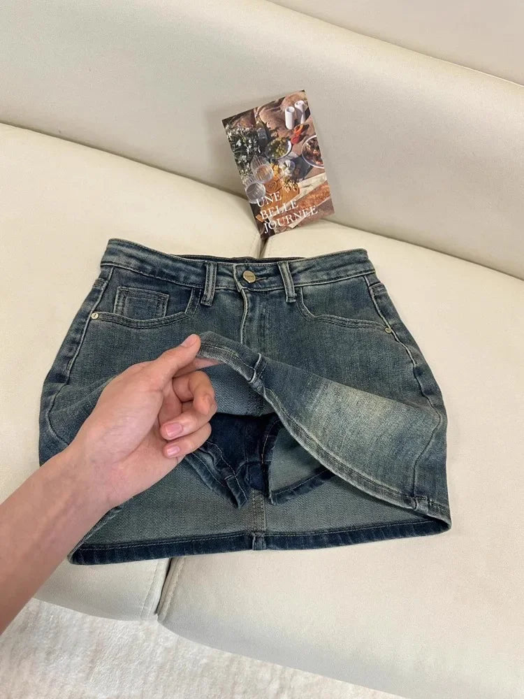 Plus Size Retro Denim Mini Skirt Summer New American Style Hot Girl High Waist Anti-Light Slim A- Line Wrap around Short Skirt