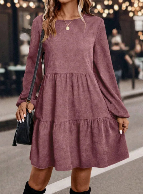 Women's Long Sleeve Tiered Ruffle Mini Dress, Casual Round Neck Solid Color Swing A-Line Dress for Autumn Winter Daily Wear