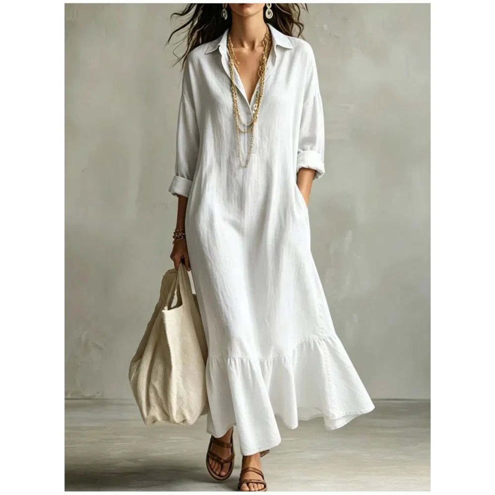 Spring Autumn New Fashion Button Lapel Long Sleeve Shirt Women's Loose Dress Casual Simple Retro Ruffled Swing Dress Female2026