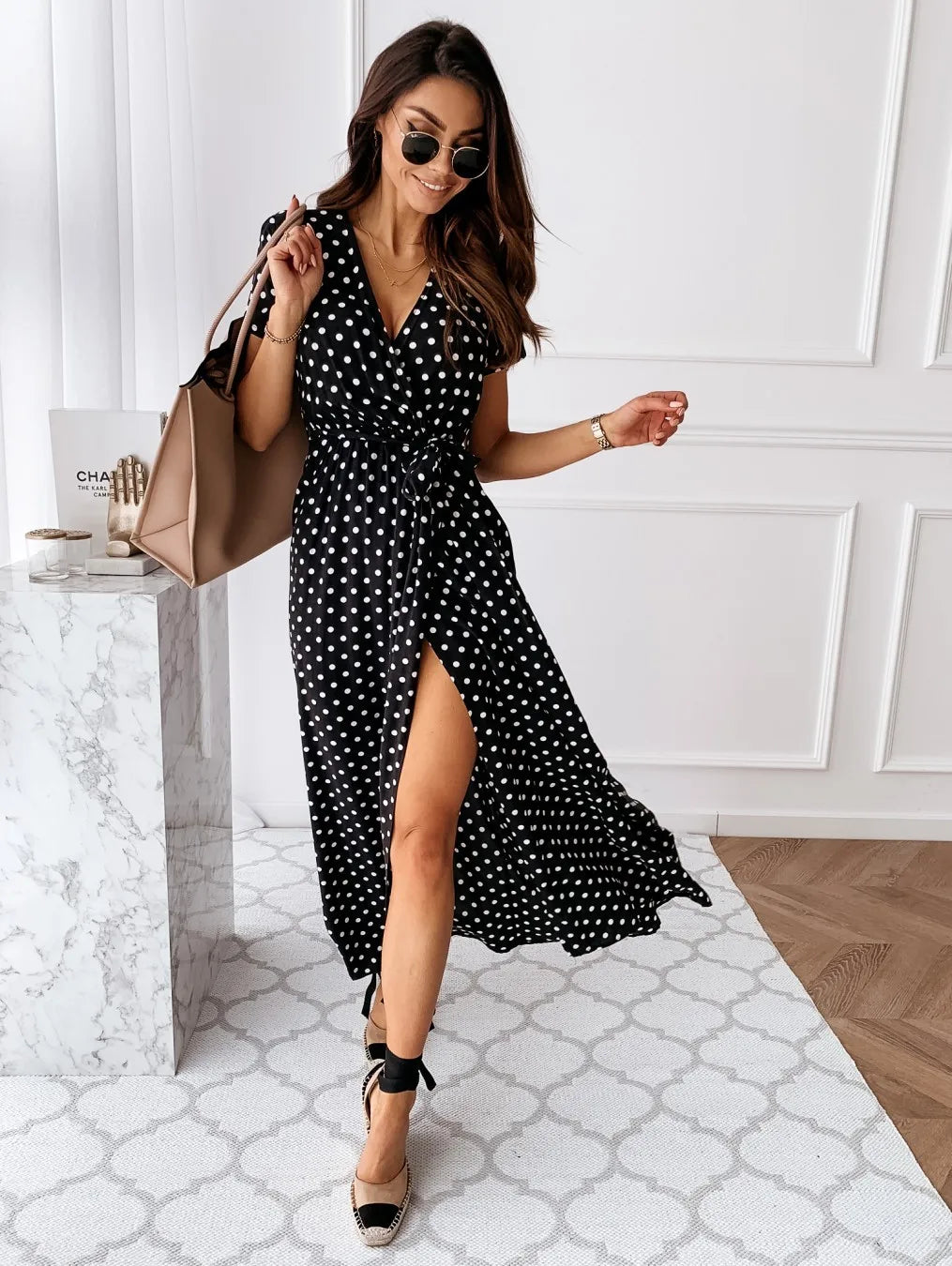 Short Sleeve V-Neck Ladies Polka Dot Dress Split For Female Boho Beach Holiday Dress Womens Summer Fashion Maxi Dress
