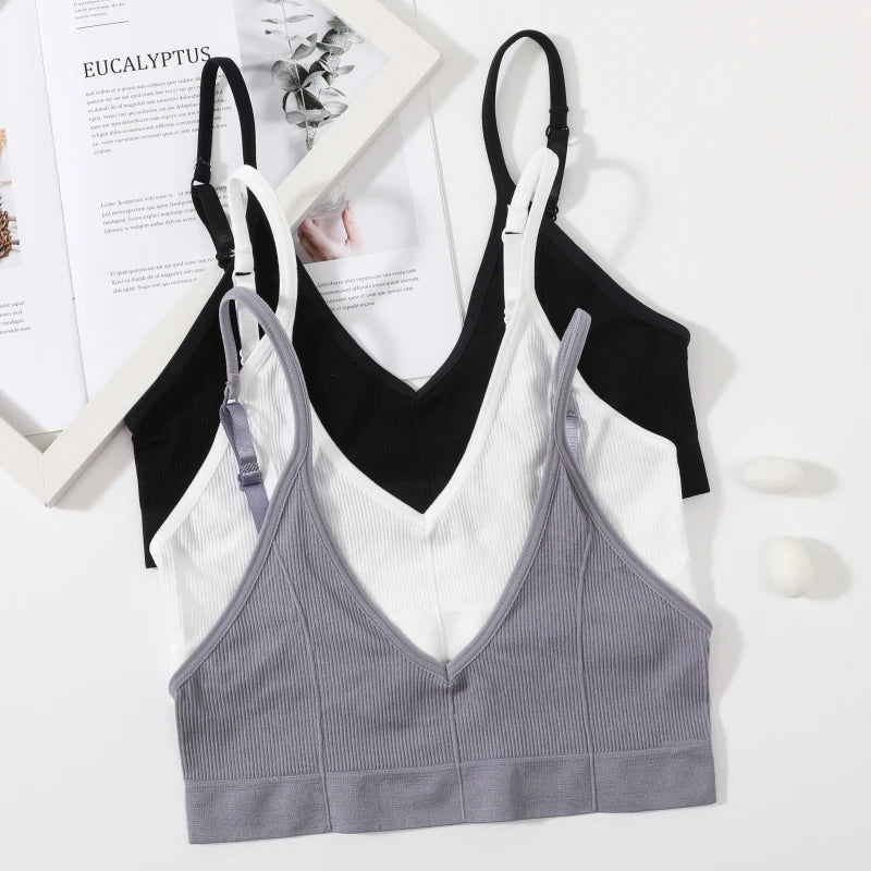 Seamless Tube Top Women's Ribbed V-Neck Wireless Bralette U-Back Daily Wear Bra Sexy Lingerie Adjust Straps Sports Underwear M-L