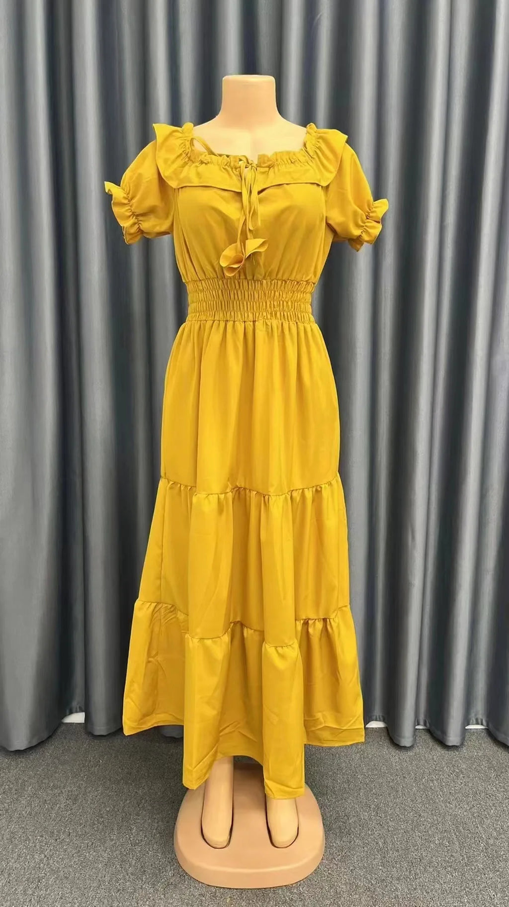 2026 Elegant Women's Off Shoulder Ruffle Sleeve Dress Fashion Solid Color Elastic Waist Tiered Maxi Dresses
