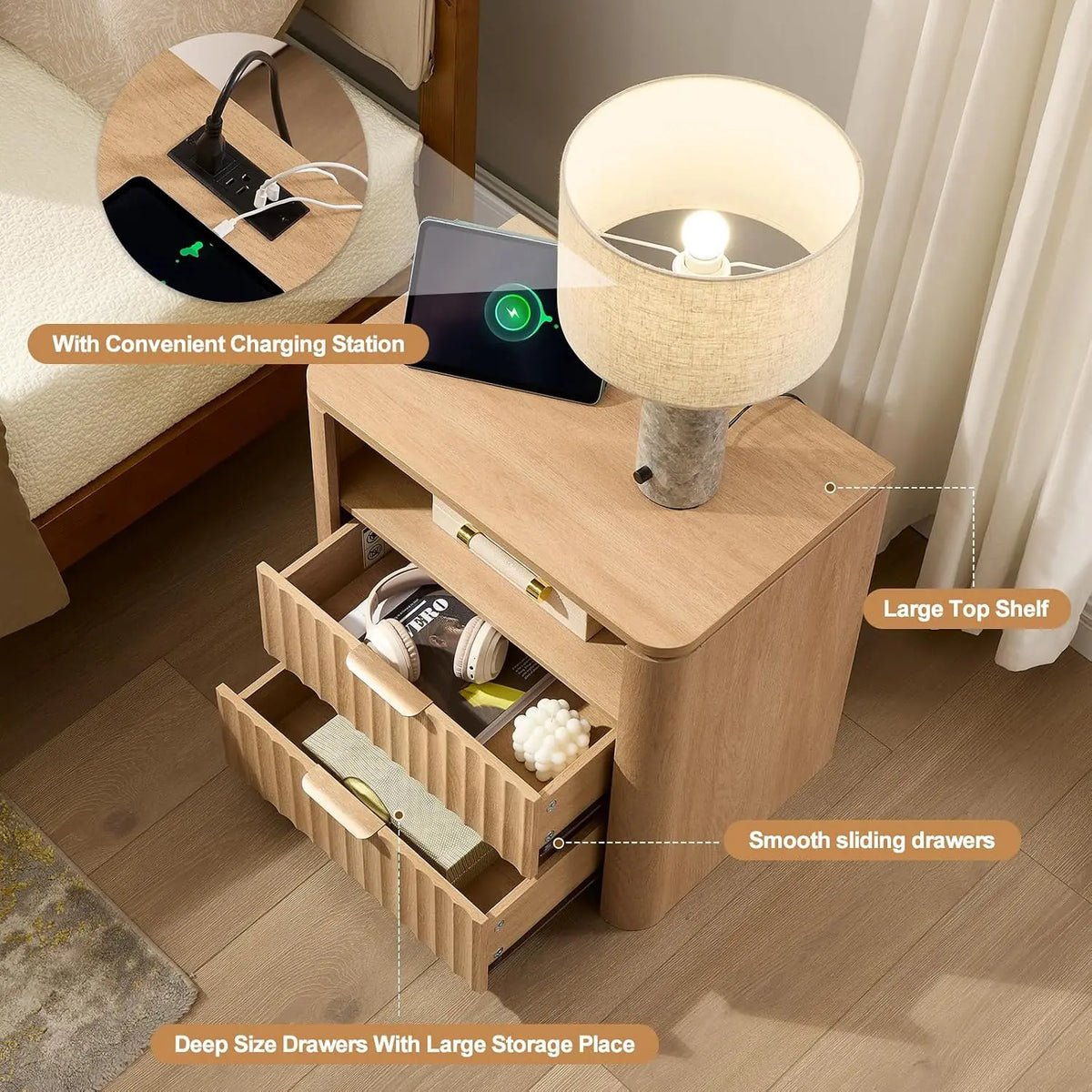 Fluted Nightstand Set Of 2 With Charging Station, 23.7" Wide Modern End Table With 2 Drawers, Wooden Bedside Table, Customized