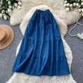 KAROFI Women Bow Tie Elastic Waist Denim Long Skirt Korean A Line Flowy Midi Jeans Skirt Casual Loose Vintage Blue Maxi Skirts