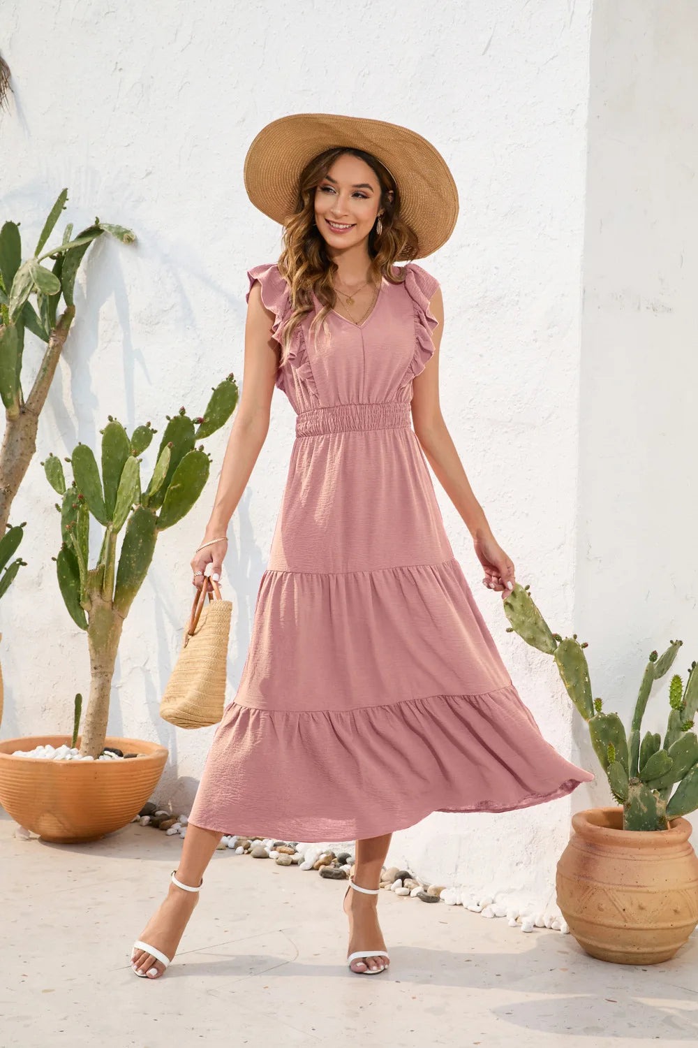 VigoCasey 2026 Summer Female Solid Long Dress Women Sexy Ruffle Sleeveless V Neck Long Dress Lady Casual High Waist Dresses