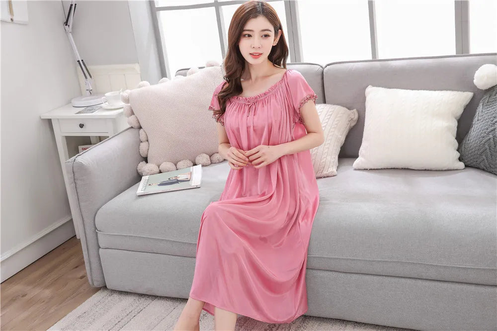 2026 New Women's Summer Imitation Silk Sleeping Skirt Multi Colored Short Sleeved Home Clothes Ice Silk Pajama Dress