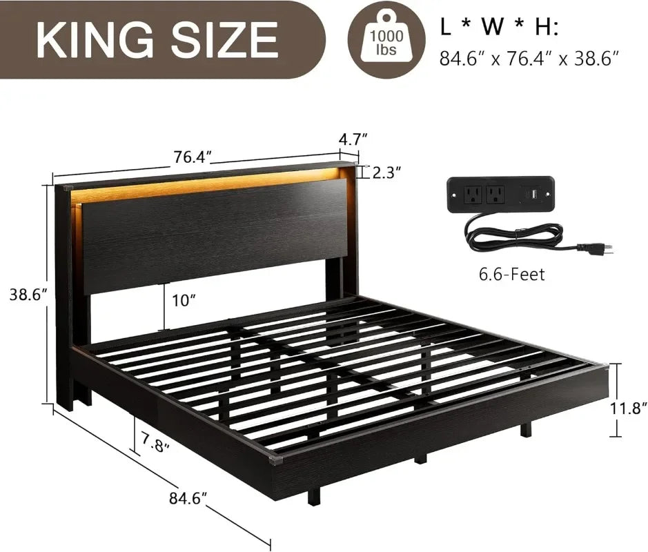 Einhomn King Size Bed Frame with LED Lights & Charging Station – Wood Floating Bed Frame with Storage Headboard, Adhesive Slats