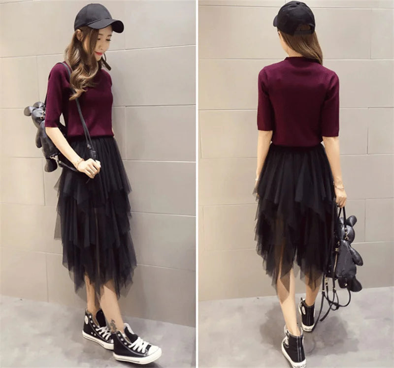 Summer Tutu Women Skirt Harajuku Casual Tulle Bottom Jupe Femme Faldas Fashion High Waist Midi Mesh Skirts Woman Clothing Saia