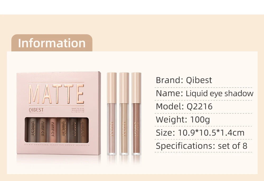 QIBEST 8 Color Matte Liquid Eyeshadow Set Long Lasting Waterproof Eye Shadows Quick-drying Nude White Eyeshadow Makeup Cosmetics